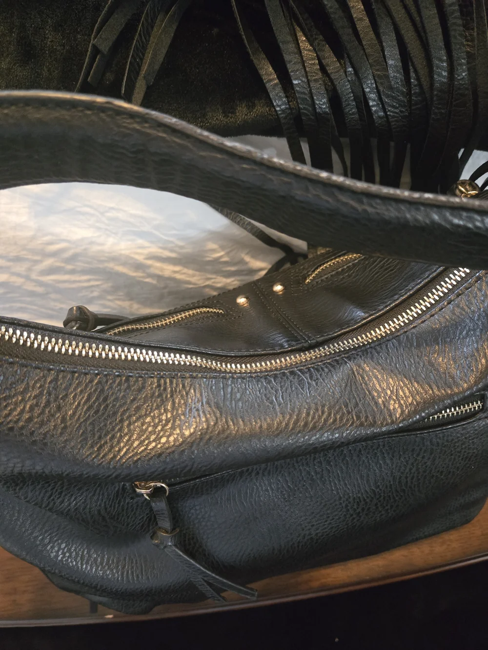 Antik Kraft Black Fringe Hobo Shoulder Bag Boho Western Vegan Leather Large